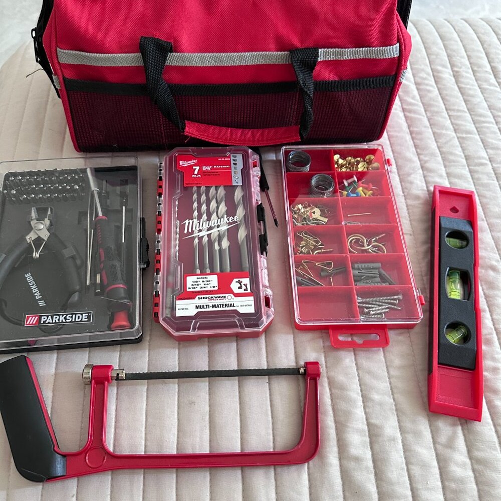 Complete Household Tool Kit w/ Bag – Milwaukee Drill Bits, Hacksaw, Hardware Set